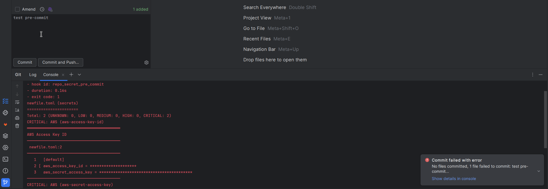 commit fail in PyCharm using the pre-commit hook