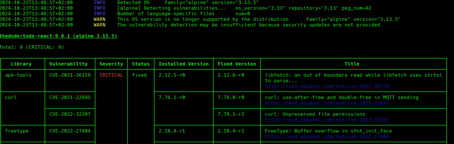 trivy image scan output